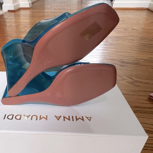 😊SOLD😊Amina Muaddi Blue Lupita Glass Wedge Heeled Sandals in 39 - Picture 11 of 15